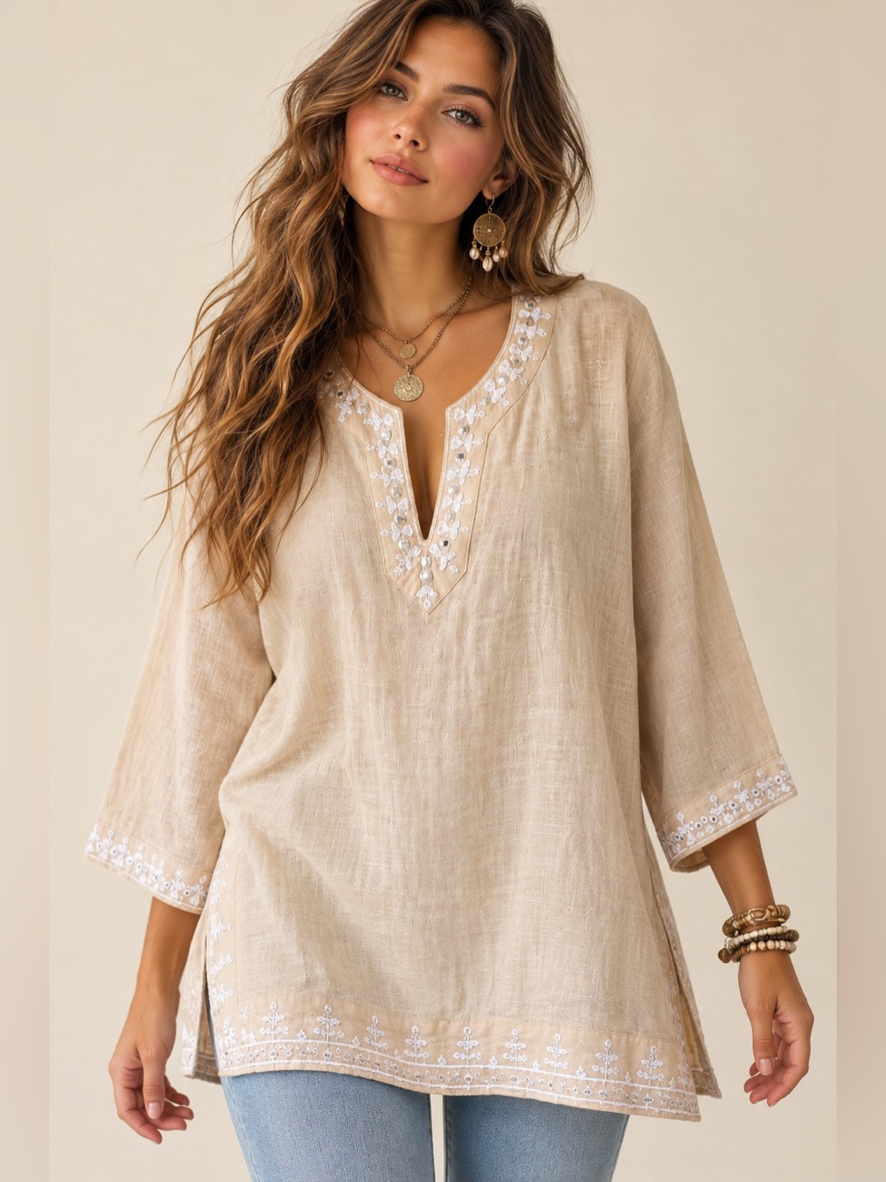 Sulu Collection Cotton Linen Beige Tan Embroidered Mirror Tunic Top Boho M